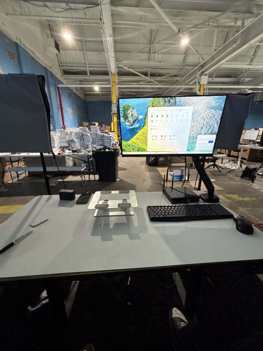 Desk and monitor kept clear with only what's needed for the stream